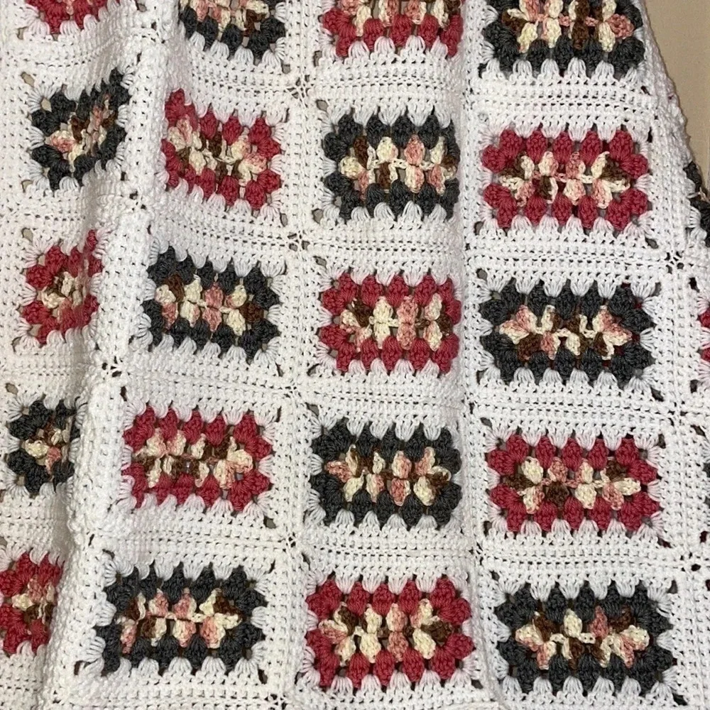 Handmade pink white grey  knit crochet baby lap afghan blanket bedding